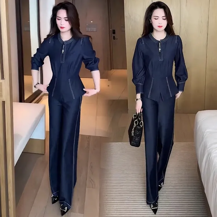 时尚牛仔套装女2025春季新款洋气收腰显瘦上衣阔腿裤减龄两件套潮