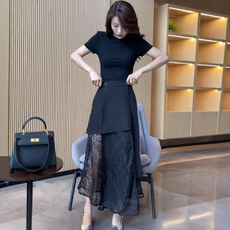 夏季时尚气质女神高腰显瘦不规则蕾丝拼接半身裙女