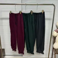甜美文艺花边棉麻束脚松紧抽绳高腰休闲阔腿裤纯色有口袋25090950