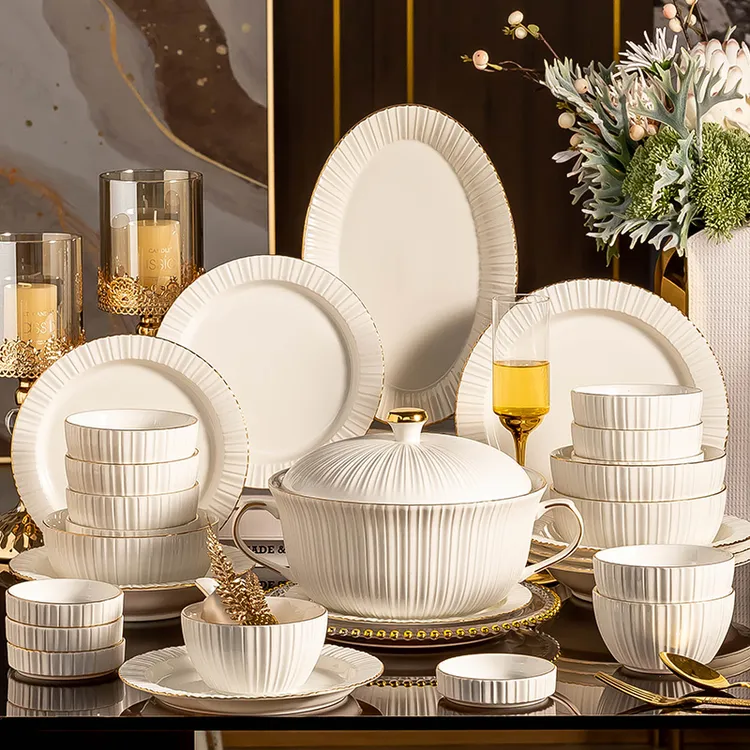 景德镇碗盘全套新款家用轻奢手绘描金餐具乔迁新居送礼一套