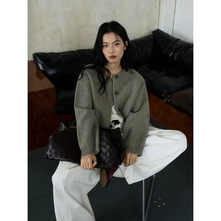 JCCC影子【山野浆果】绿紫花色极简重磅100%绵羊毛针织开衫JE5AZS13