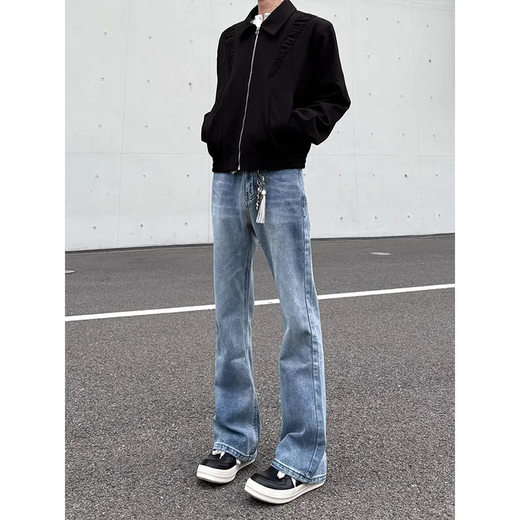 美式浅蓝色微喇牛仔裤男款秋季弹力修身显瘦裤子潮牌高级感直筒裤