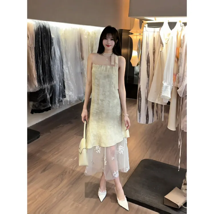 工定制面料手工串珠刺绣拼接领口透明网纱无袖连衣裙GY25047#LLC