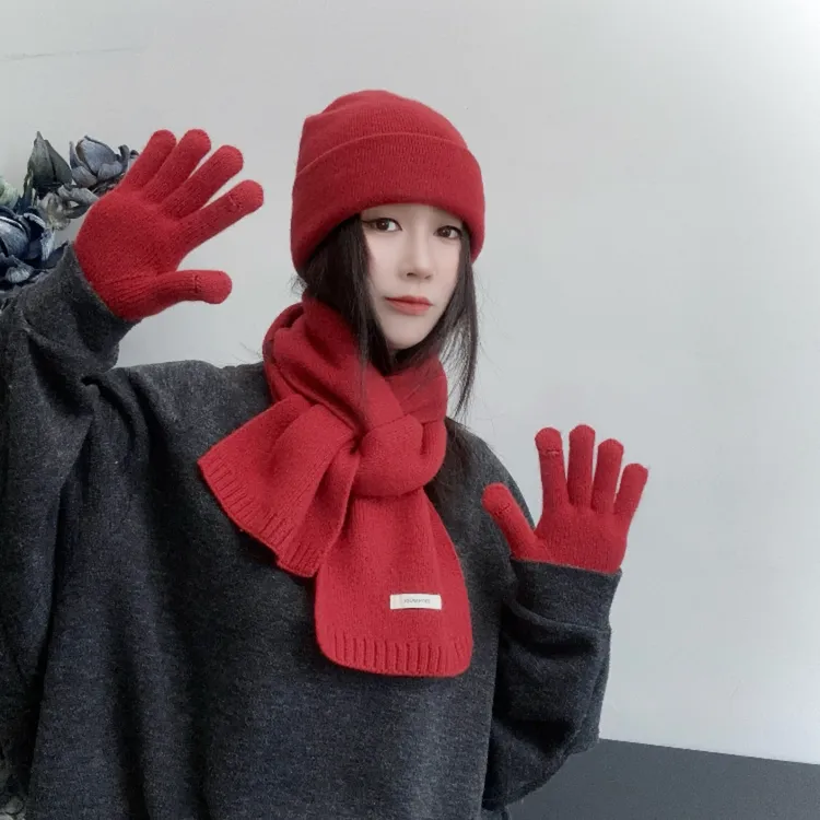 澳洲全绵羊毛三件套女冬季圣诞节洋气百搭保暖针织围巾韩版围脖男
