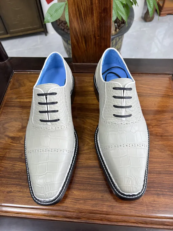 三接头尼罗鳄琴底挪威缝五缝线系带正装鞋雕花牛津鞋潮流时尚百搭