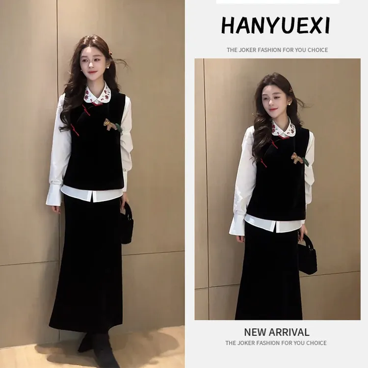 今年流行一整套女2026春季新款韩系气质显瘦衬衫马甲半身裙三件套