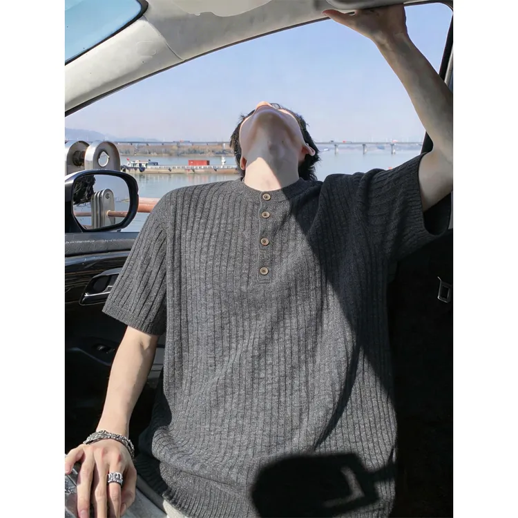 NASA美式老钱风亨利领POLO衫男夏季薄款休闲短袖T恤宽松体恤衫