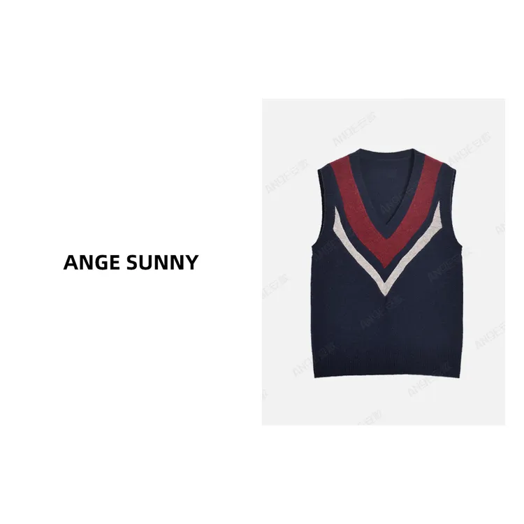 ANGE SUNNY【拼色v领羊绒背心】小m*u学院风撞色针织衫时尚新款