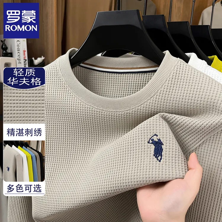 罗蒙秋季新款华夫格长袖针织t恤圆领百搭宽松刺绣休闲柔软打底衫