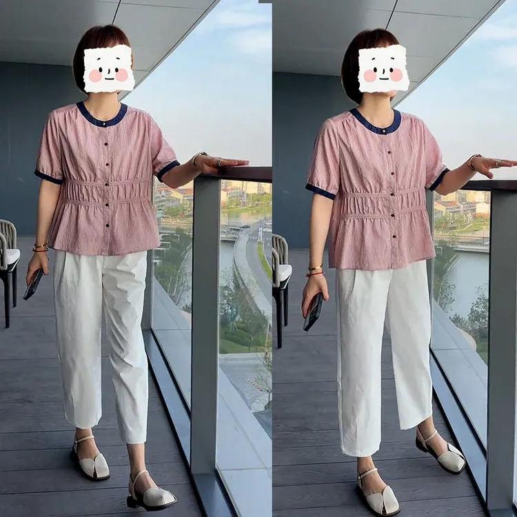 2025夏季新款设计感洋气圆领短袖衬衫漂亮百搭女装休闲长裤两件套