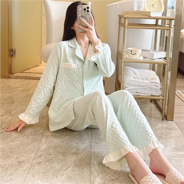 夏季云朵棉睡衣女套装开衫春秋款长袖甜美宽松可爱薄款家居服套装