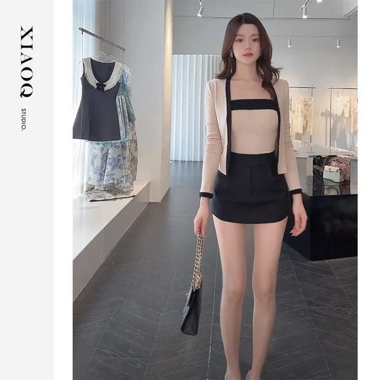 XIAOQ「温差担当」米黑撞色抹胸+长袖上衣女气质修身显瘦89941T