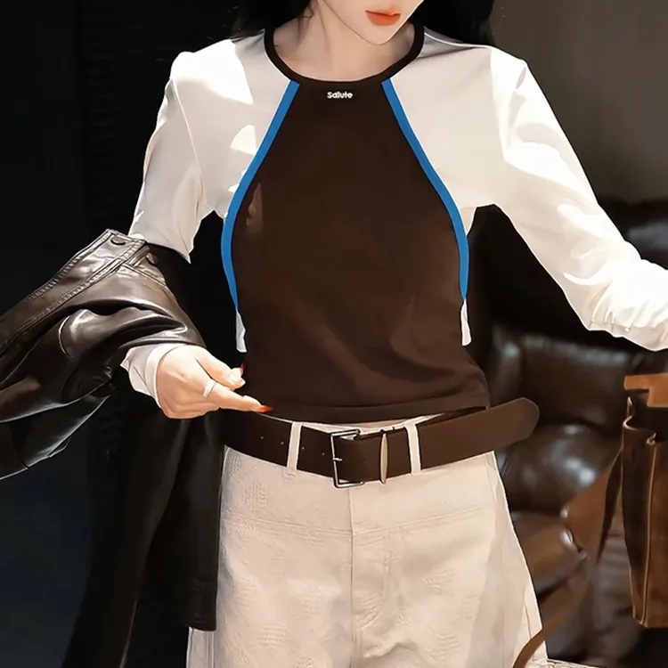 秋季2025新款欧货独特漂亮t恤女撞色长袖设计感内搭打底衫上衣潮