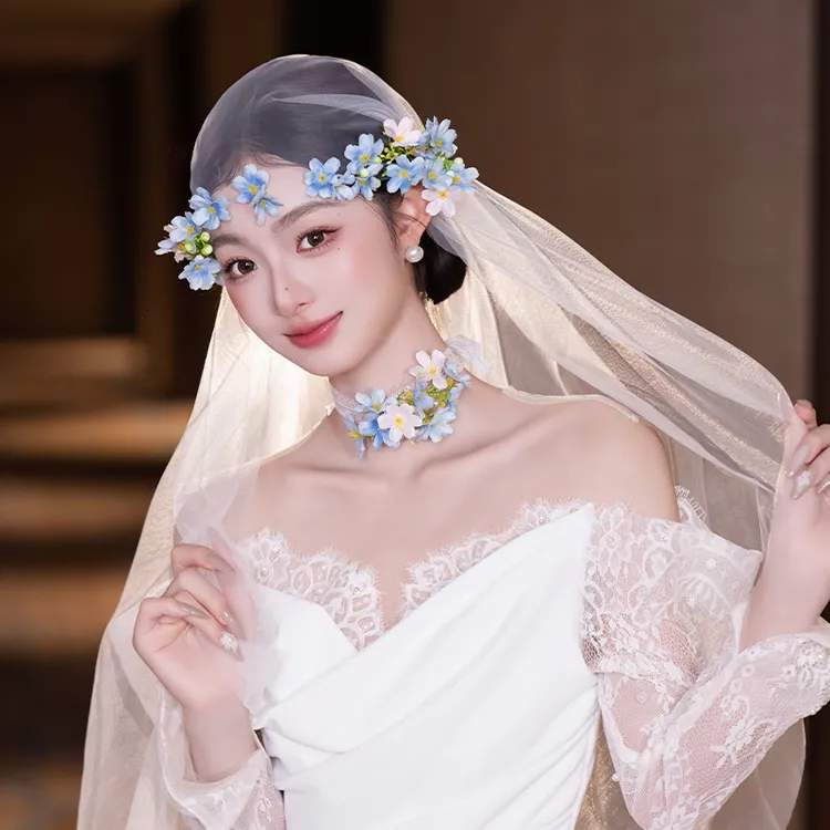 非金属布艺婚庆饰品 新娘小清新蓝色减龄花朵超仙旅拍头饰MC3747