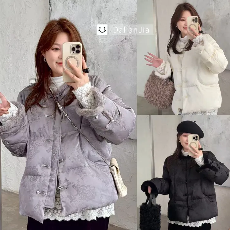晶咕佳佳【紫鸢风信】拼绒边新中式款暗纹羽绒服时尚百搭保暖韩版