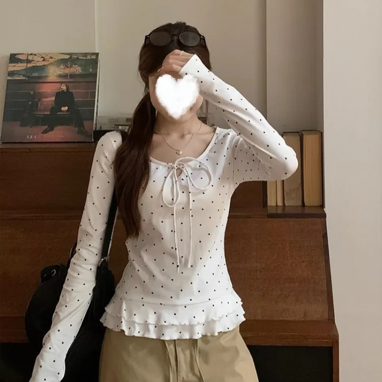 少女风波点木耳边圆领长袖t恤设计蝴蝶结绑带修身显瘦纯欲女上衣