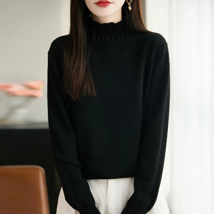 鄂尔斯市纯100羊毛衫秋冬爆款黑色钉珠半高领宽松毛衣羊绒打底衫