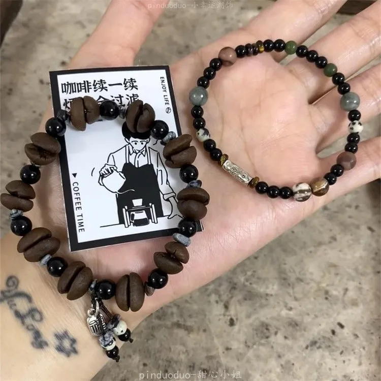 合金合成锆石手链 咖啡豆手串 简约百搭小福牌吊坠手链小众独特设