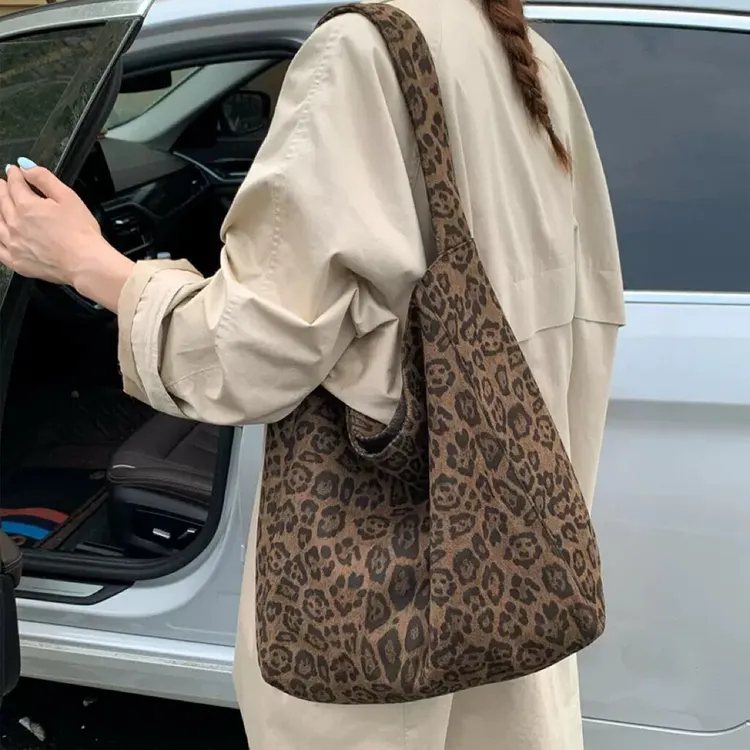 琥珀流光风秋冬季韩版豹纹单肩包敞口休闲托特包大容量复古通勤包