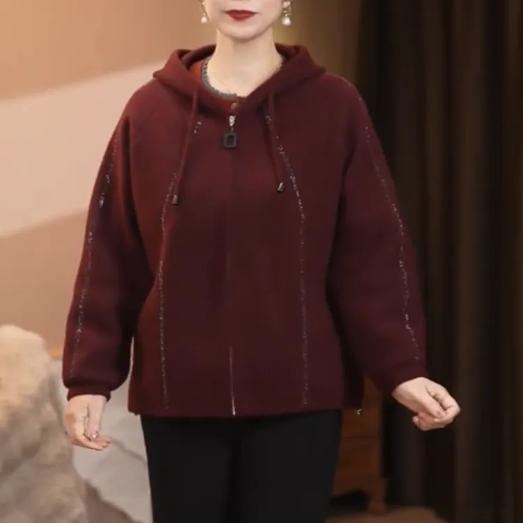 中老年洋气毛呢外套女妈妈装秋冬新款高贵大码连帽开衫大衣女大码