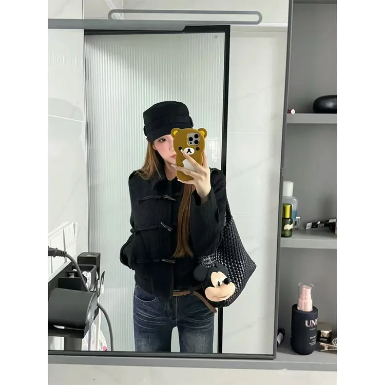 【宅女同款】韩系小香风夹棉翻领短款牛角扣圈圈毛呢外套上衣23385#