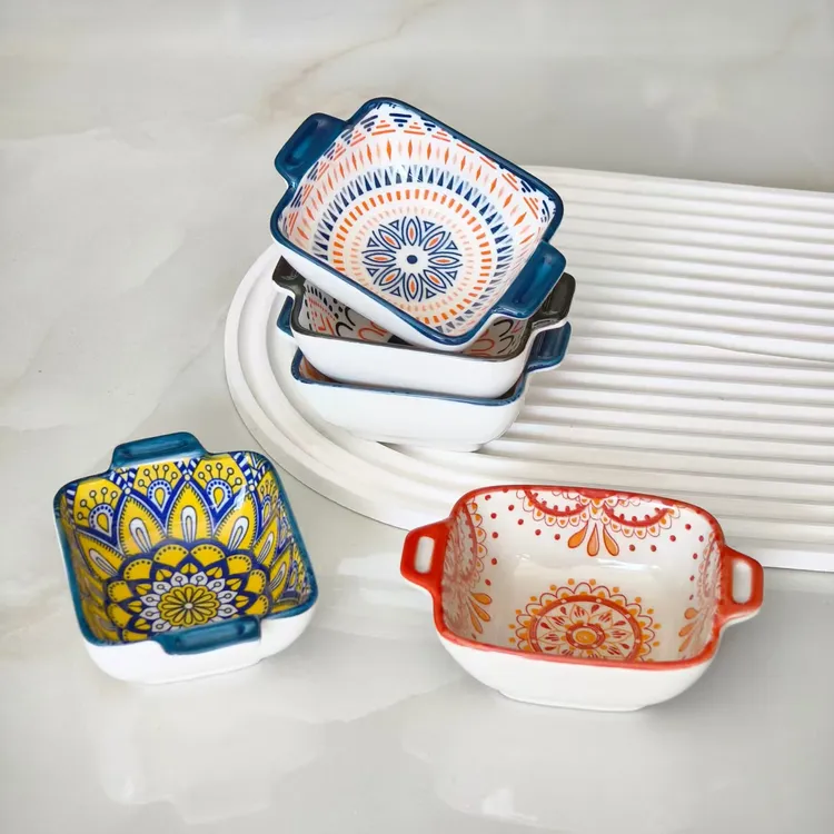 厨房调味碟波西米亚家用味碟醋碟双耳个性蘸料碟酱油调料碗釉下彩