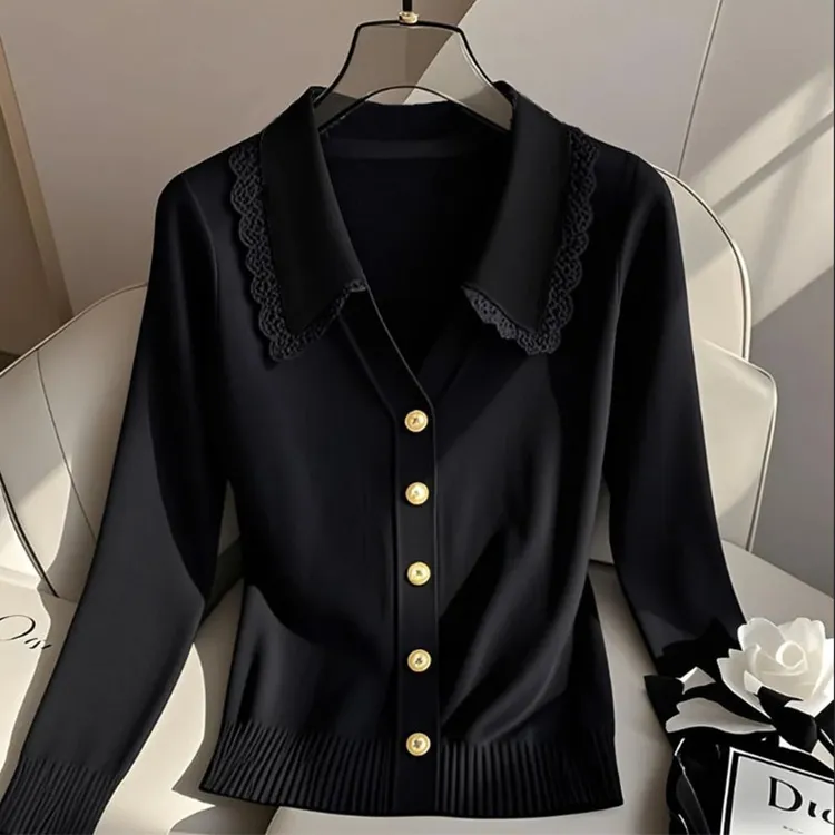 纯欲慵懒风女装黑色蕾丝花边针织衫早秋季新款高级感洋气长袖上衣
