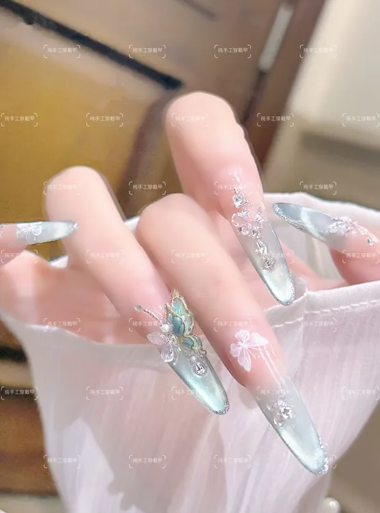 【月落青璃】纯手工高定猫眼手工穿戴甲气质美甲百搭仙女款 10片l