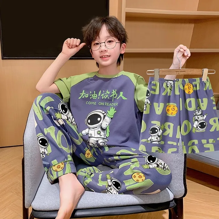 儿童纯棉睡衣夏季新款男童薄款短袖套装宽松卡通小男孩亲子家居服