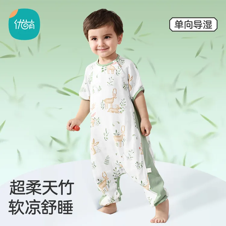 优萌竹棉婴儿纱布睡袋夏季薄款儿童短袖护肚睡衣宝宝防踢被子睡袋