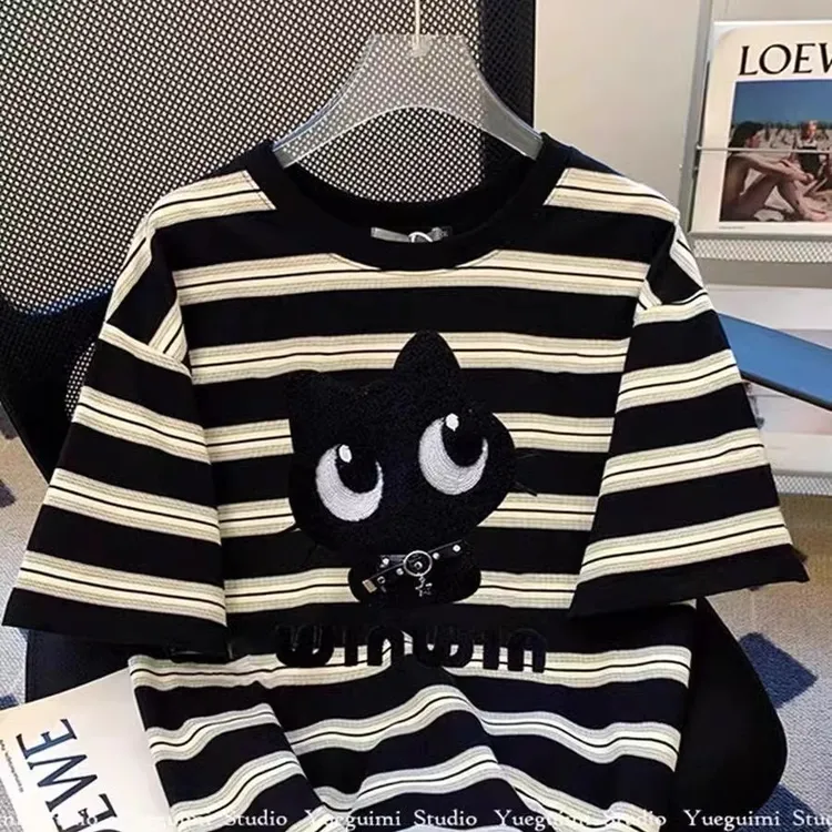 300斤大码欧货复古洋气卡通减龄条纹短袖T恤男女春夏宽松显瘦上衣