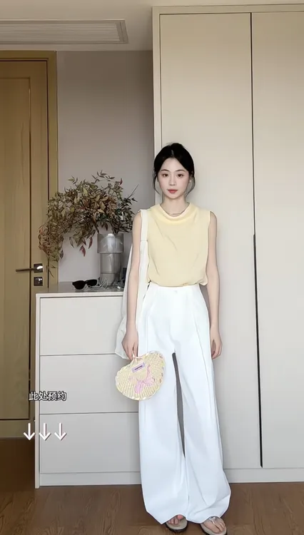 2025夏季新款法式休闲简约黄色无袖背心高腰通勤气质白色裤子套装