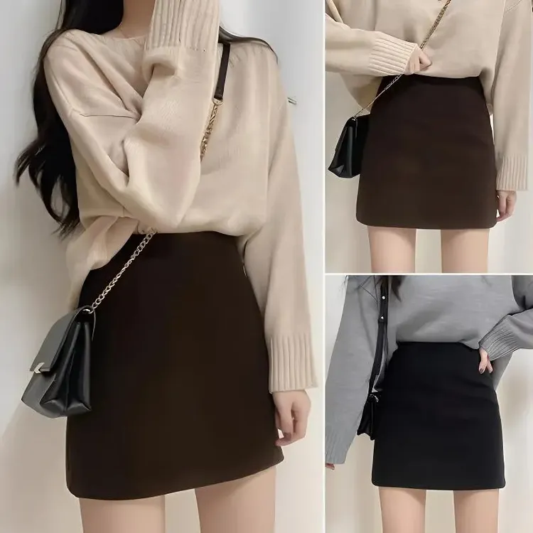 毛呢半身裙秋冬2025新款韩版高腰显瘦百搭学院风防走光a字短裙