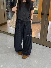 25155秋季韩系格子磨毛休闲裤女宽松时尚显瘦通勤直筒阔腿长裤