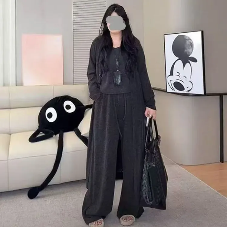 胖MM秋季慵懒风背心阔腿裤外套搭配套装
