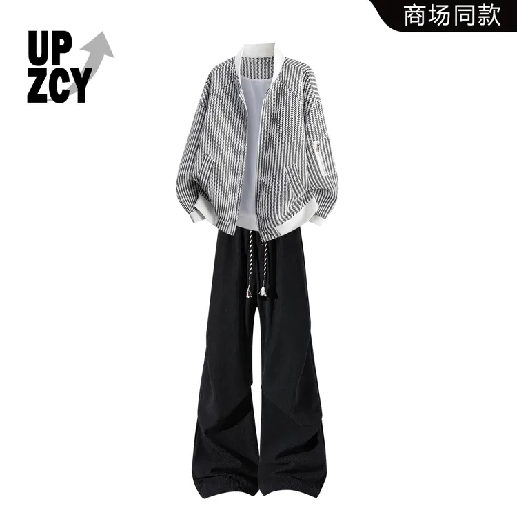 UPZCY时尚轻奢设计感条纹拼接夹克套装男秋冬宽松百搭休闲裤男装