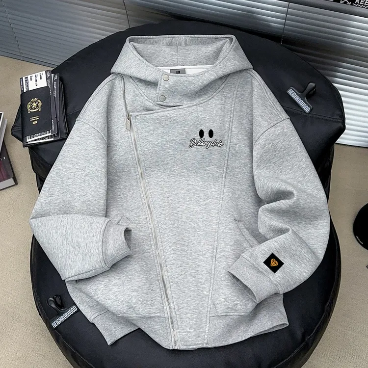 美式复古连帽拉链开衫卫衣男女秋冬季钻石字母印花高级感百搭外套