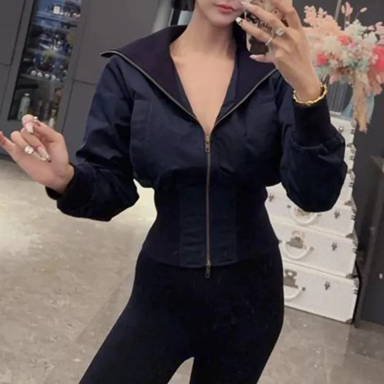 米欧严选秋冬新款【妖精少女】大翻领拉链胸兜短款长袖上衣棉服外套