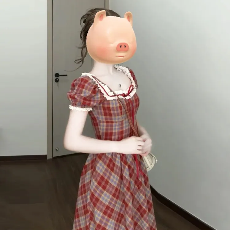 特价红色格子泡泡袖连衣裙子女夏季法式复古收腰显瘦度假长裙5273