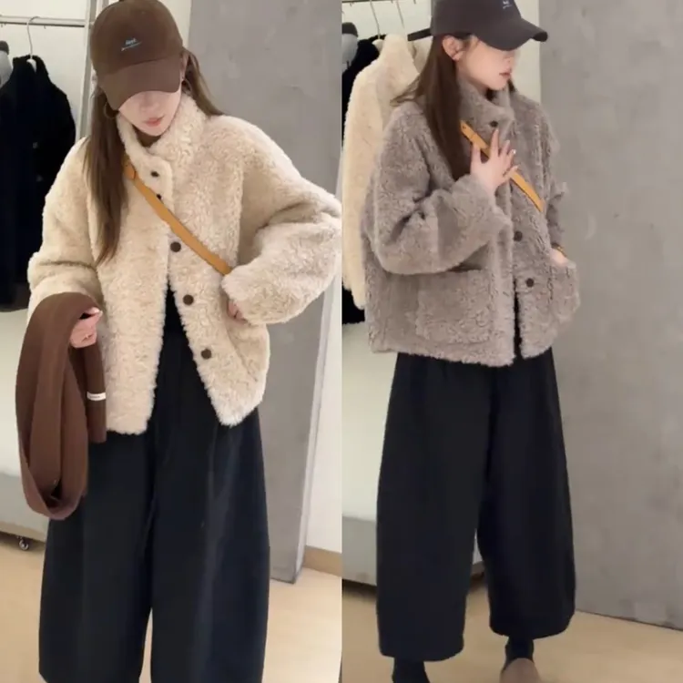 短款立领开衫羊羔毛外套女2025冬季新款毛绒外套高级感厚款防风