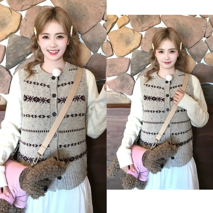 白鹿同款费尔岛复古提花针织背心女秋冬叠穿马甲无袖短开衫上衣