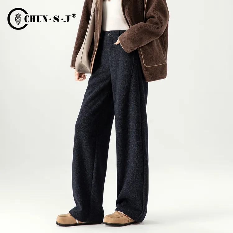 羊毛醋酸毛呢阔腿裤女2025新款冬季显瘦深蓝色加厚裤子休闲直筒裤