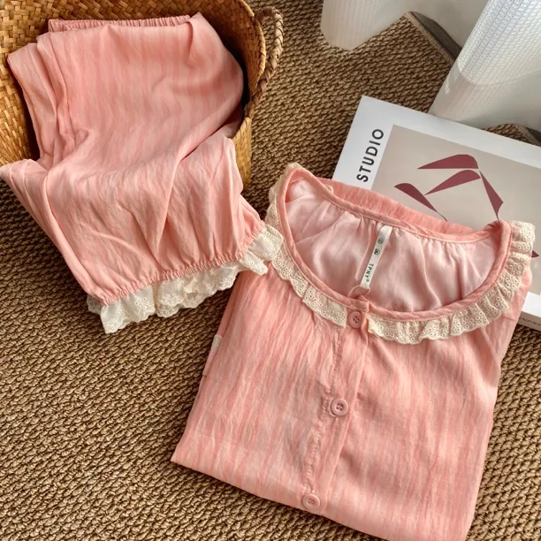 法式甜美少女荷叶边棉纱睡衣女春秋款2025新款宽亲肤家居服套装