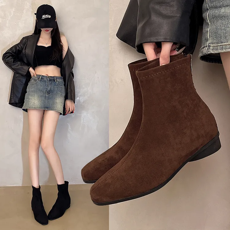 内增高短靴女靴2025秋冬季新款韩版简约短筒靴后拉链方头时装靴女
