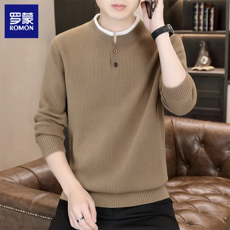 罗蒙2025秋季新款高品质假两件毛衣男青年修身休闲潮流男士针织衫