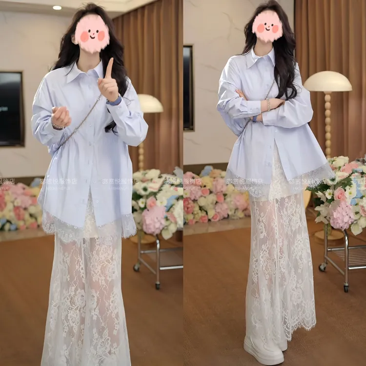 2025夏季时尚洋气蕾丝拼接防晒衬衫+蕾丝半身裙两件套炸街套装女