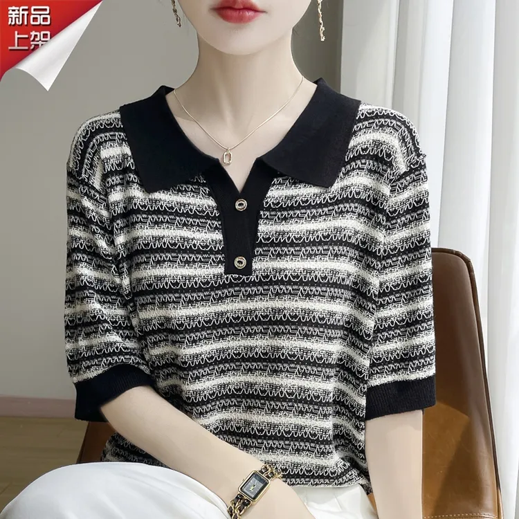 哥弟阿玛施正品2025夏季条纹短袖针织衫女设计感翻领撞色纽扣体恤