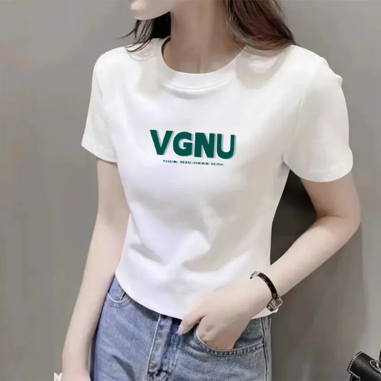 正肩显瘦短袖t恤女夏季修身半袖大码体恤衫圆领打底字母印花上衣