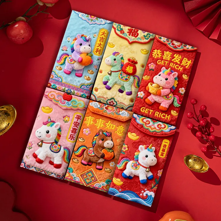 2026马年5D平面仿刺绣毛绒风格可爱卡通春节创意压岁拜利是封红包