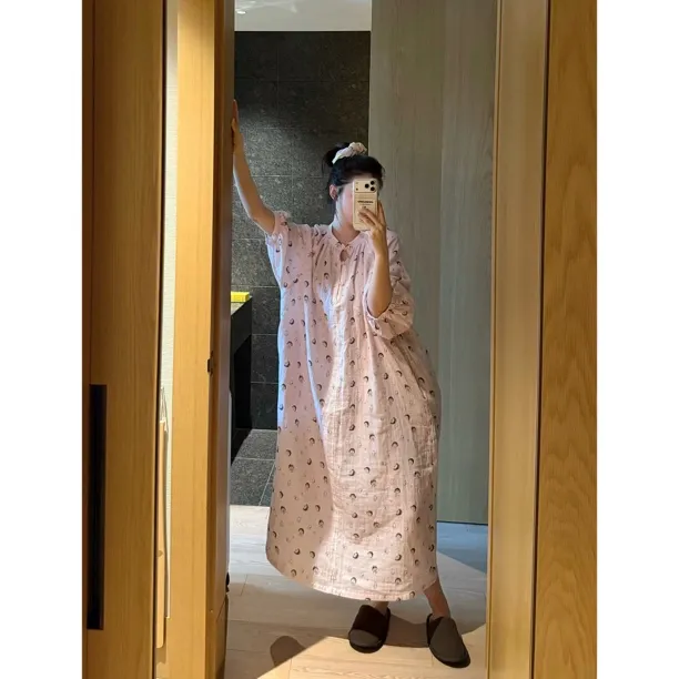 PEACHZHOU 纯棉樱桃小丸子卡通印花宽松圆领撞色系扣家居衬衫睡裙